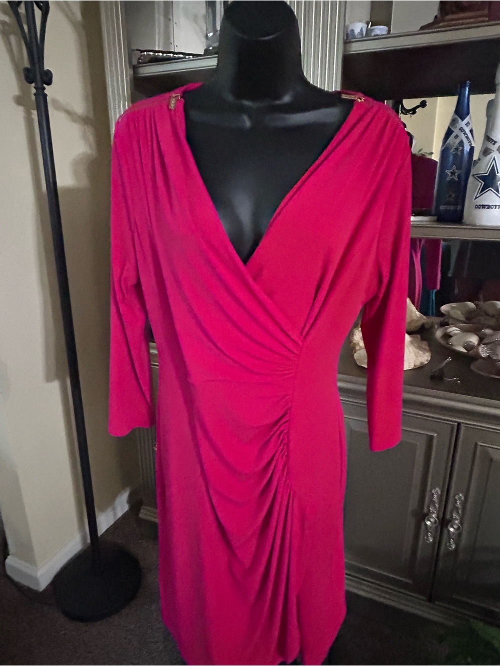 Calvin Klein Fuchsia Ruched Wrap-Front Long Sleeve Dress